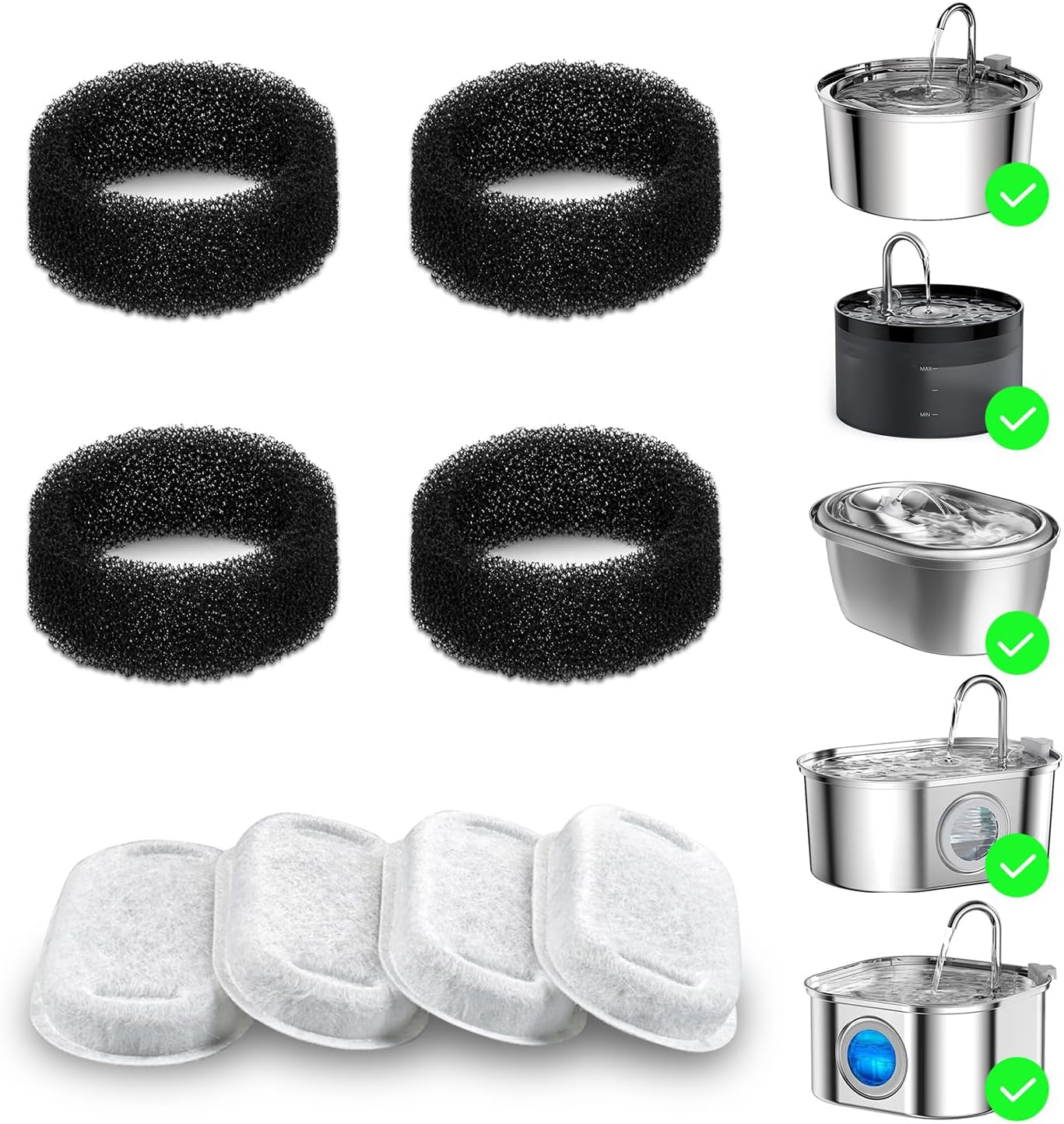 8 Pack Cat Water Fountain Filter Replacement, 4+4/8+8/12+12/16+16 Pack for Stainless Steel Cat Water Fountain 2L/67Oz and 3.2L/108Oz, 4 Carbon Filters & 4 Pre-Filter Sponges