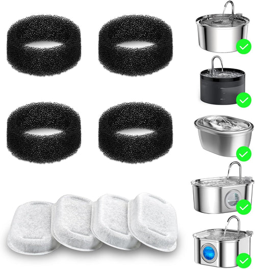 8 Pack Cat Water Fountain Filter Replacement, 4+4/8+8/12+12/16+16 Pack for Stainless Steel Cat Water Fountain 2L/67Oz and 3.2L/108Oz, 4 Carbon Filters & 4 Pre-Filter Sponges